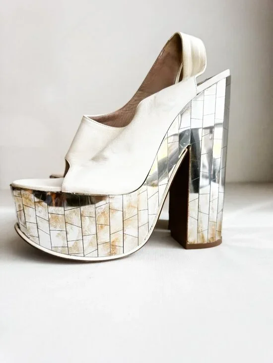 Rochas RUNWAY White Leather Mirror " Disco" Sandals Chunky Heel 39 - Picture 7 of 11